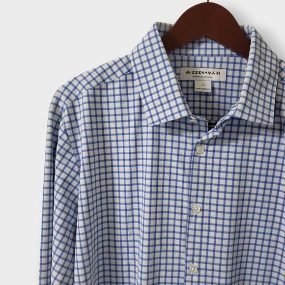 Mizzen + Main Leeward Performance Trim Dress Shirt Blue Orange Gingham Sz Large - Picture 2 of 14